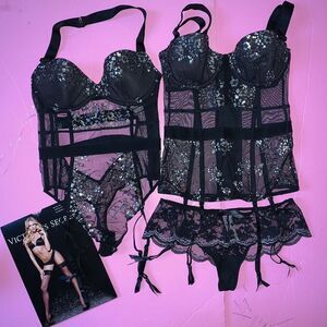 Victoria's Secret 32B GARTER corset+TEDDY one-piece+XS thong BLACK silver foil